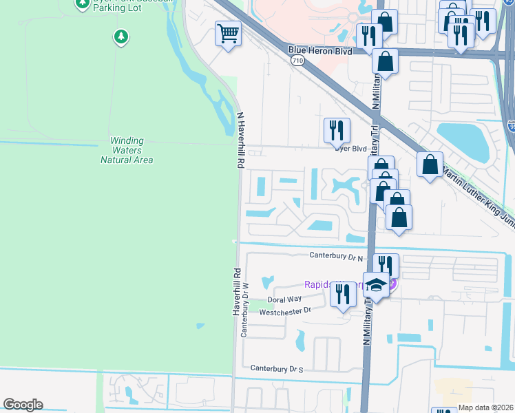 map of restaurants, bars, coffee shops, grocery stores, and more near 9002 Lily Bank Court in Riviera Beach