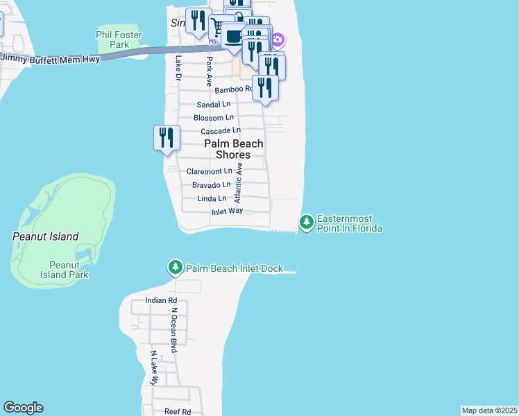 map of restaurants, bars, coffee shops, grocery stores, and more near 115 Inlet Way in Palm Beach Shores