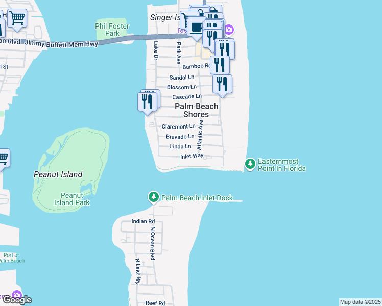 map of restaurants, bars, coffee shops, grocery stores, and more near 12 Atlantic Avenue in Palm Beach Shores