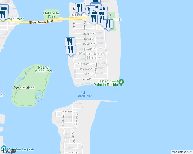 map of restaurants, bars, coffee shops, grocery stores, and more near 12 Atlantic Avenue in Palm Beach Shores