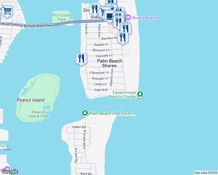 map of restaurants, bars, coffee shops, grocery stores, and more near 12 Atlantic Avenue in Palm Beach Shores