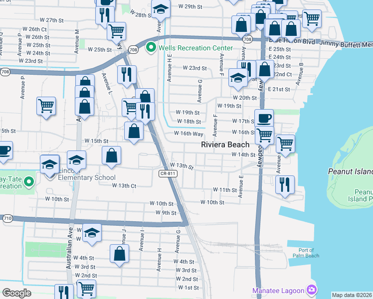 map of restaurants, bars, coffee shops, grocery stores, and more near 358 West 14th Street in Riviera Beach