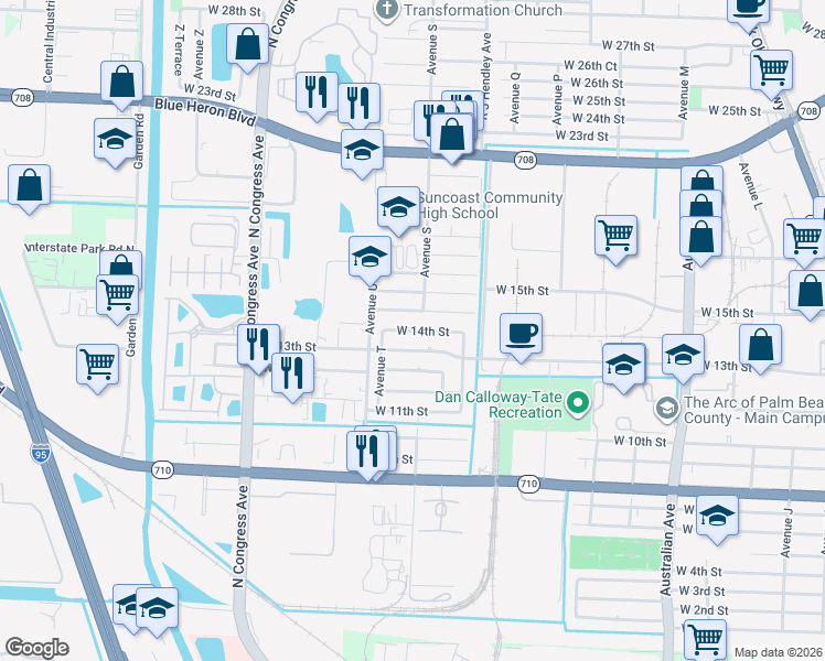 map of restaurants, bars, coffee shops, grocery stores, and more near 1631 West 14th Street in West Palm Beach