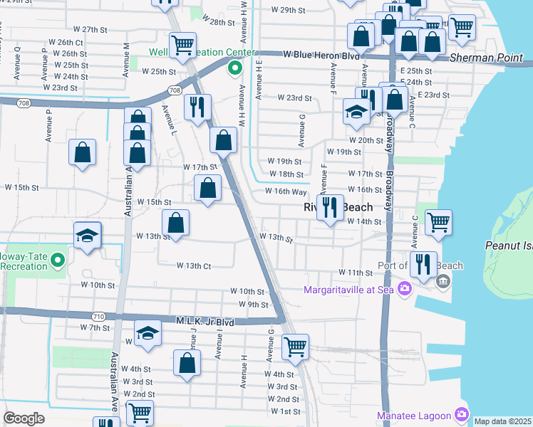map of restaurants, bars, coffee shops, grocery stores, and more near 432 West 14th Street in West Palm Beach