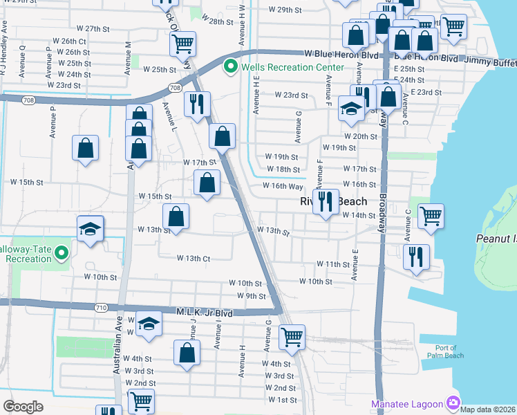 map of restaurants, bars, coffee shops, grocery stores, and more near 432 West 14th Street in West Palm Beach