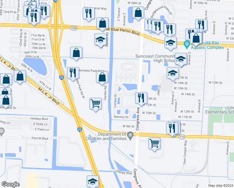 map of restaurants, bars, coffee shops, grocery stores, and more near 1300 Lucaya Drive in West Palm Beach
