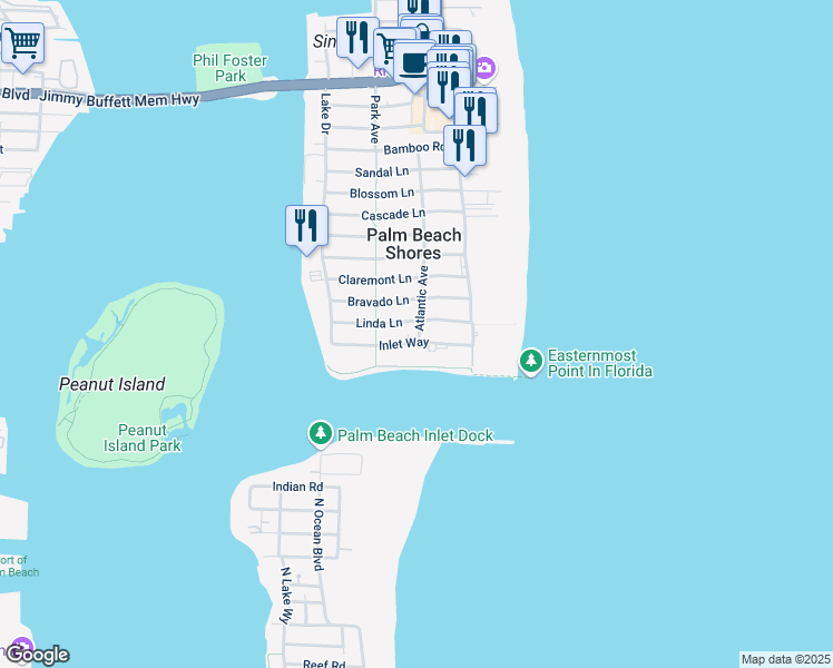 map of restaurants, bars, coffee shops, grocery stores, and more near 12 Atlantic Avenue in Palm Beach Shores