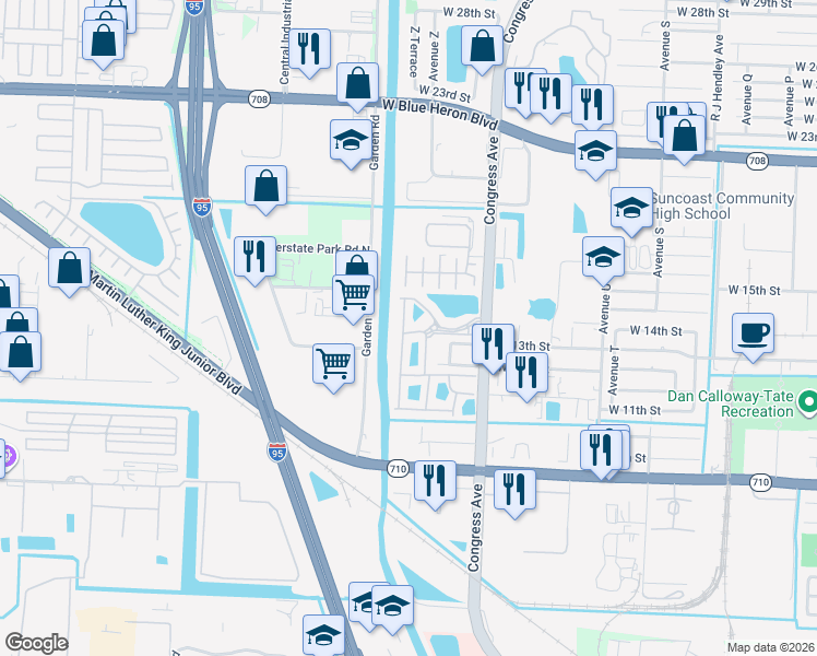 map of restaurants, bars, coffee shops, grocery stores, and more near 1302 Lucaya Drive in West Palm Beach