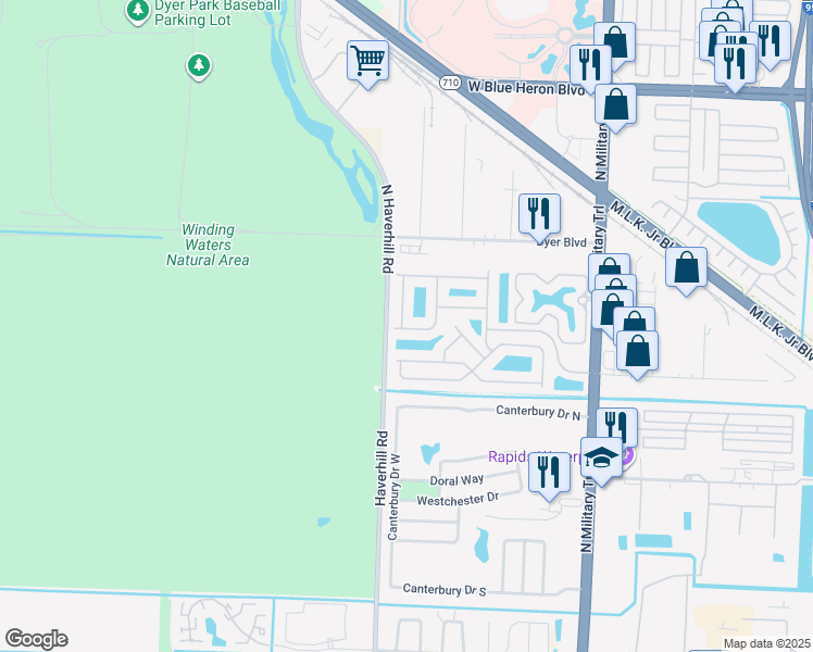 map of restaurants, bars, coffee shops, grocery stores, and more near 9002 Lily Bank Court in Riviera Beach
