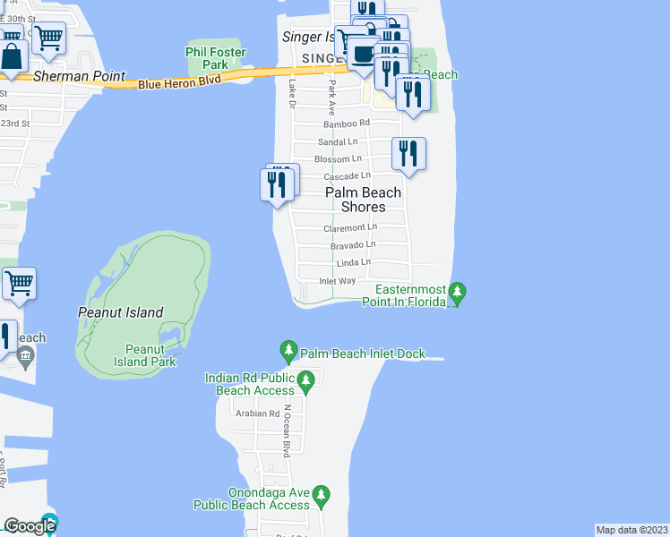 map of restaurants, bars, coffee shops, grocery stores, and more near 236 Linda Lane in Riviera Beach
