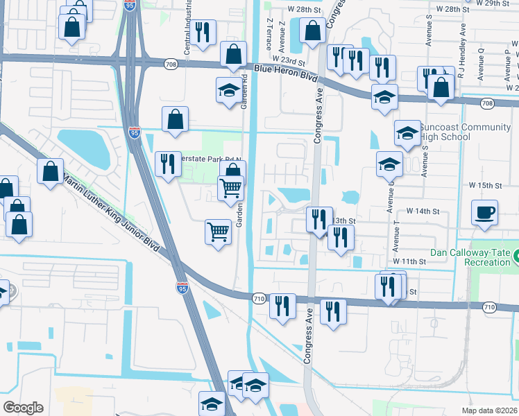 map of restaurants, bars, coffee shops, grocery stores, and more near 1301 Lucaya Drive in West Palm Beach