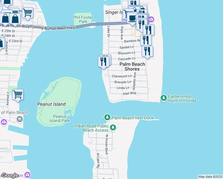 map of restaurants, bars, coffee shops, grocery stores, and more near 336 Linda Lane in Riviera Beach