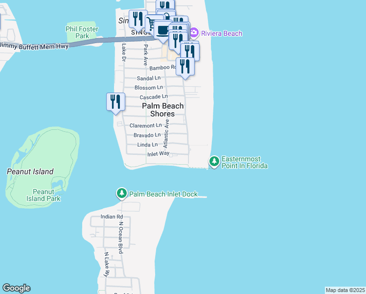map of restaurants, bars, coffee shops, grocery stores, and more near 115 Inlet Way in Palm Beach Shores
