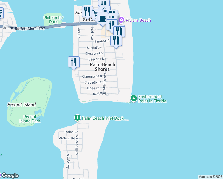 map of restaurants, bars, coffee shops, grocery stores, and more near 115 Inlet Way in Palm Beach Shores
