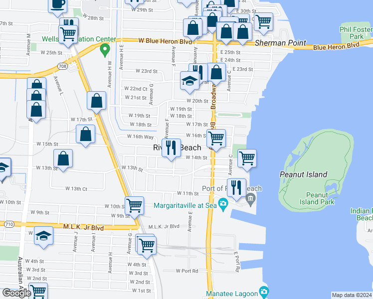 map of restaurants, bars, coffee shops, grocery stores, and more near in Riviera Beach