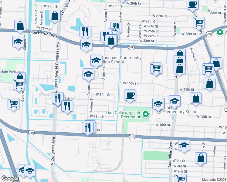 map of restaurants, bars, coffee shops, grocery stores, and more near 1525 West 15th Street in West Palm Beach