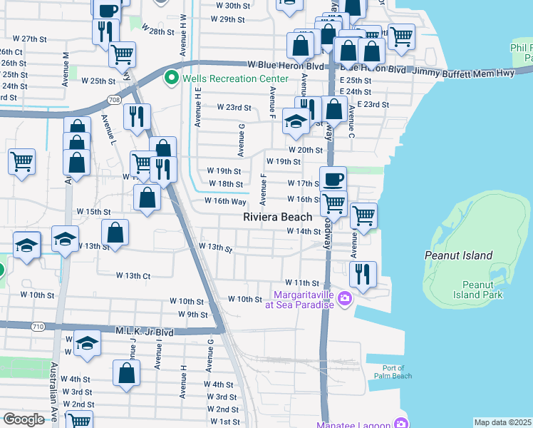 map of restaurants, bars, coffee shops, grocery stores, and more near 258 West 14th Street in West Palm Beach