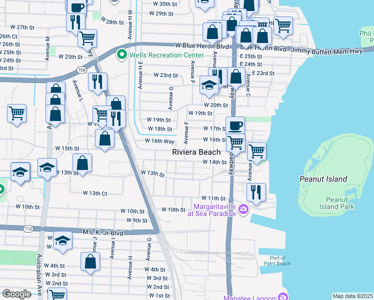 map of restaurants, bars, coffee shops, grocery stores, and more near 258 West 14th Street in West Palm Beach