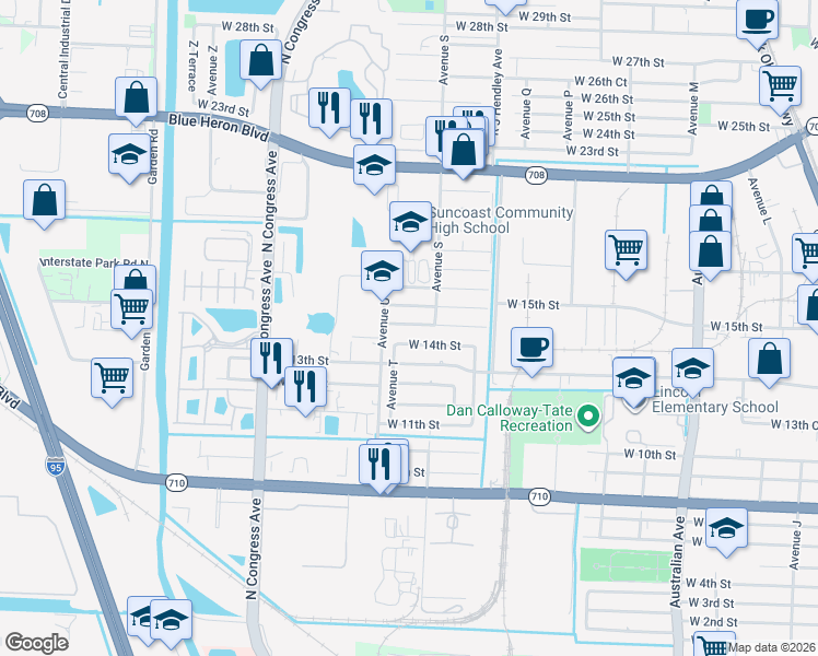 map of restaurants, bars, coffee shops, grocery stores, and more near 1645 West 15th Street in Riviera Beach