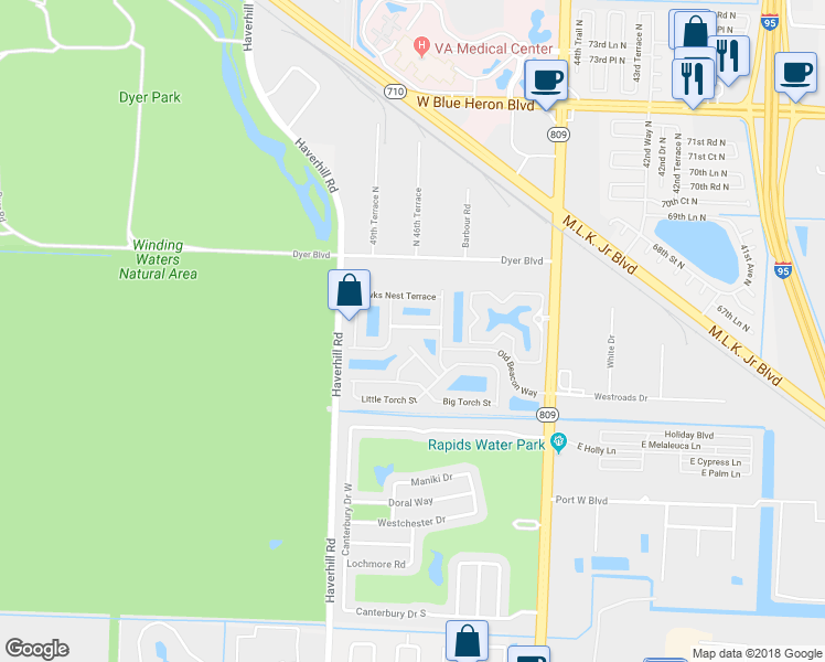 map of restaurants, bars, coffee shops, grocery stores, and more near 6311 Sandy Bank Terrace in Riviera Beach