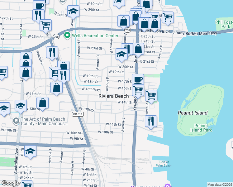map of restaurants, bars, coffee shops, grocery stores, and more near in Riviera Beach
