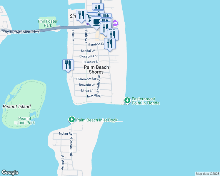 map of restaurants, bars, coffee shops, grocery stores, and more near 115 Inlet Way in Palm Beach Shores