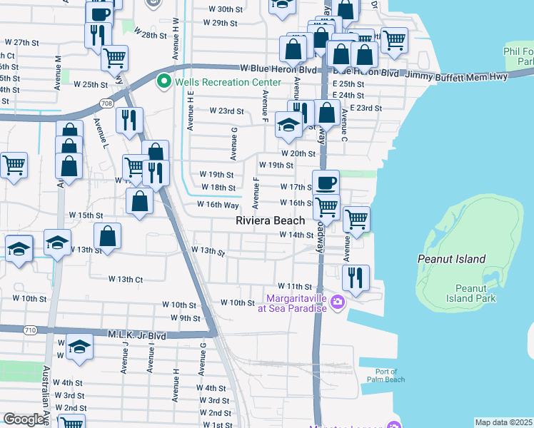 map of restaurants, bars, coffee shops, grocery stores, and more near in Riviera Beach