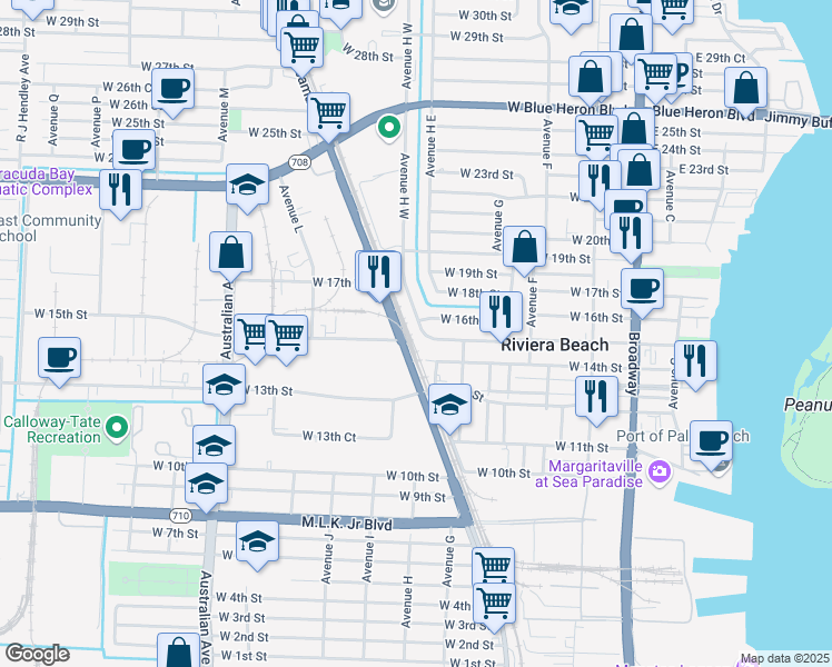 map of restaurants, bars, coffee shops, grocery stores, and more near 1401 Old Dixie Highway in Riviera Beach
