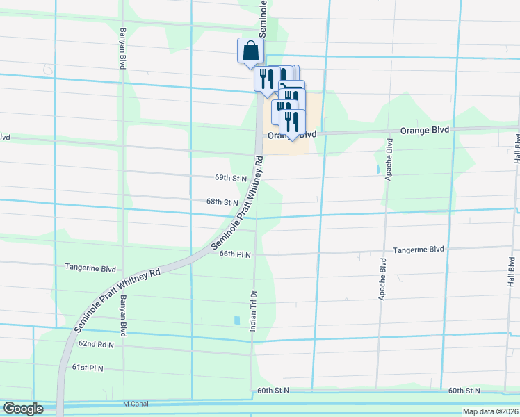 map of restaurants, bars, coffee shops, grocery stores, and more near 6925 Seminole Pratt Whitney Road in Loxahatchee