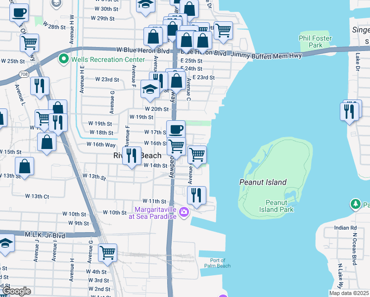 map of restaurants, bars, coffee shops, grocery stores, and more near 1619 Avenue C in West Palm Beach