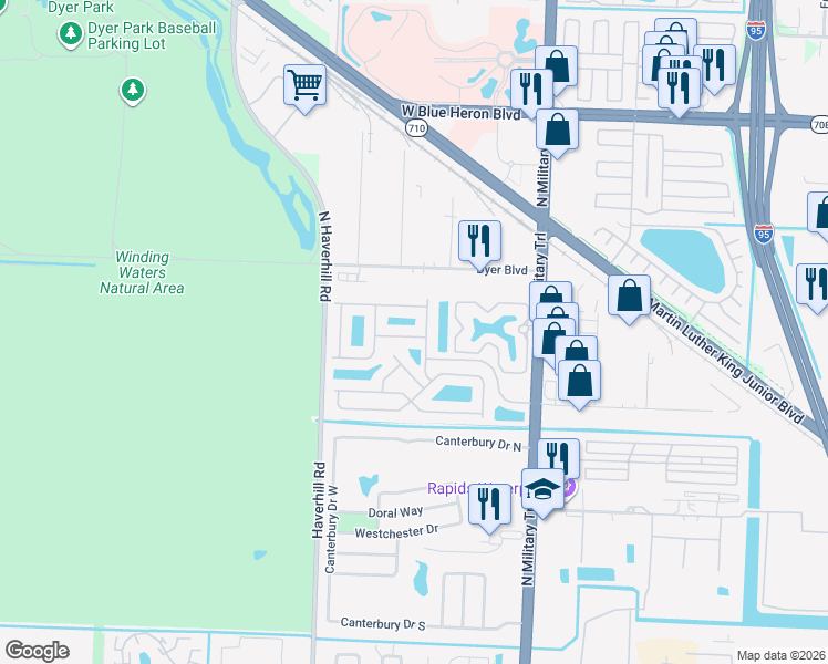map of restaurants, bars, coffee shops, grocery stores, and more near 5505 Crossing Rocks Court in Riviera Beach