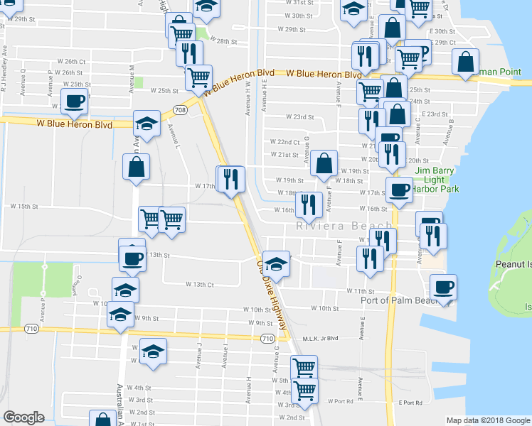 map of restaurants, bars, coffee shops, grocery stores, and more near 381 West 16th Way in West Palm Beach