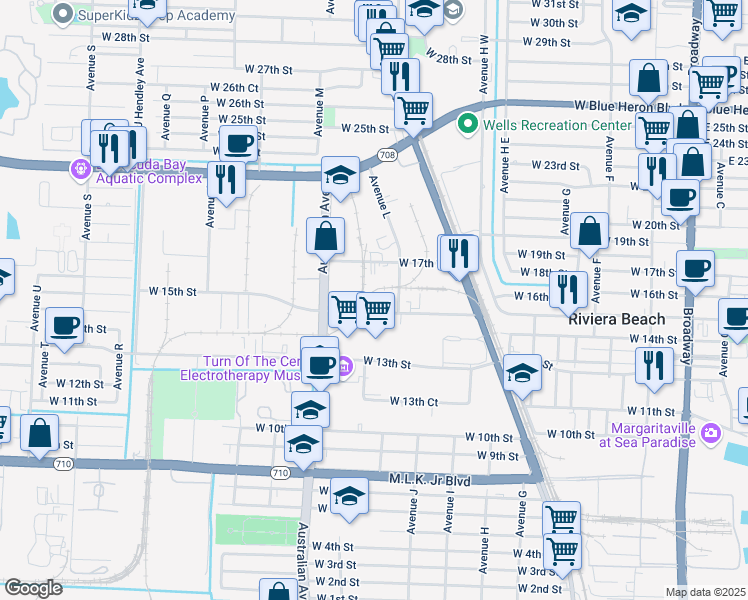 map of restaurants, bars, coffee shops, grocery stores, and more near 1028 West 15th Street in Riviera Beach