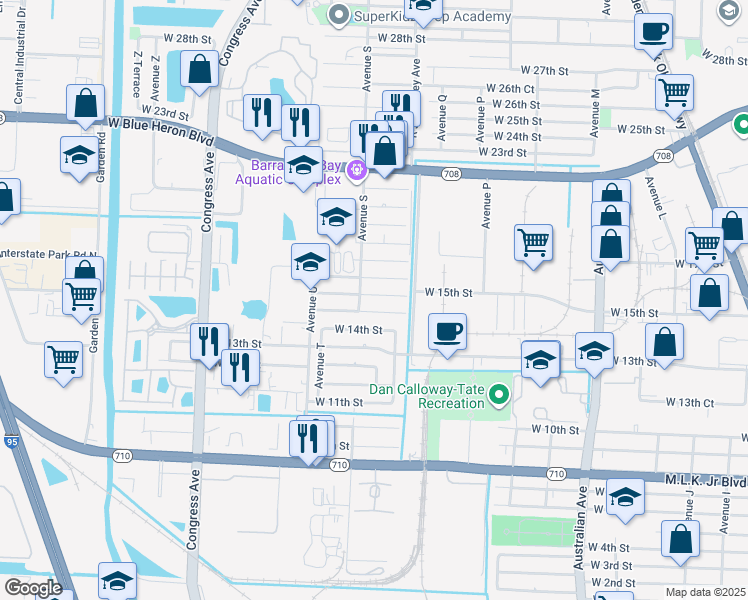 map of restaurants, bars, coffee shops, grocery stores, and more near 1576 West 16th Street in Riviera Beach