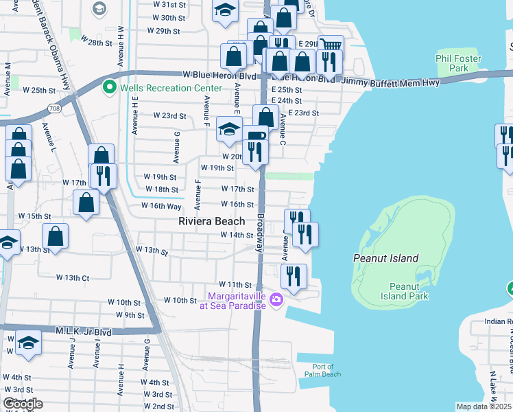 map of restaurants, bars, coffee shops, grocery stores, and more near 1601 Florida A1A in Riviera Beach