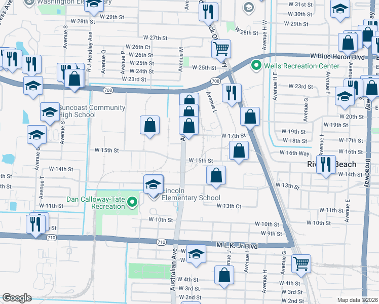 map of restaurants, bars, coffee shops, grocery stores, and more near 1500 Australian Avenue in Riviera Beach