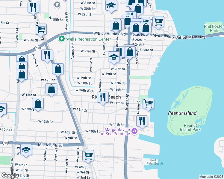 map of restaurants, bars, coffee shops, grocery stores, and more near 172 West 16th Street in West Palm Beach