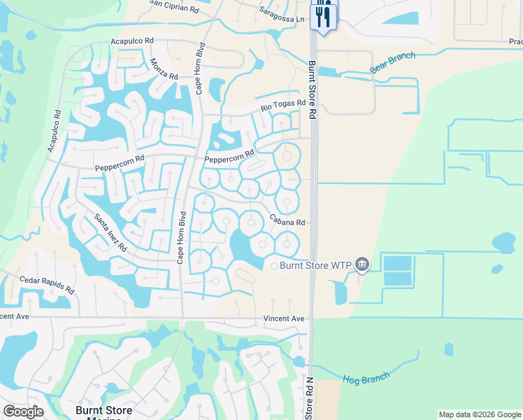 map of restaurants, bars, coffee shops, grocery stores, and more near 24454 Cabana Road in Punta Gorda