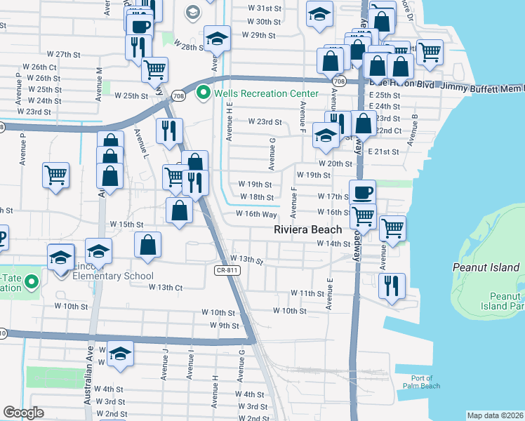 map of restaurants, bars, coffee shops, grocery stores, and more near 300 West 16th Way in West Palm Beach