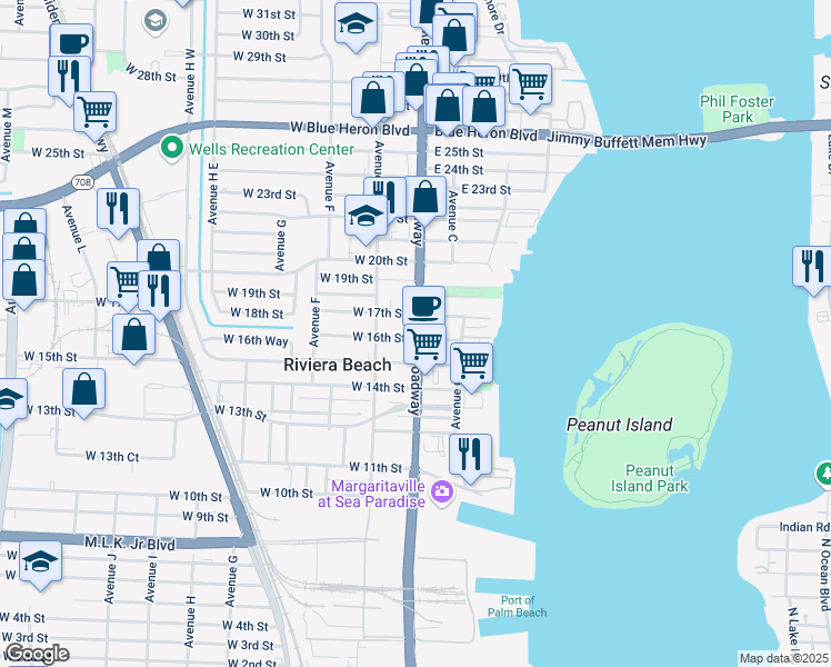 map of restaurants, bars, coffee shops, grocery stores, and more near 1601 Florida A1A in Riviera Beach