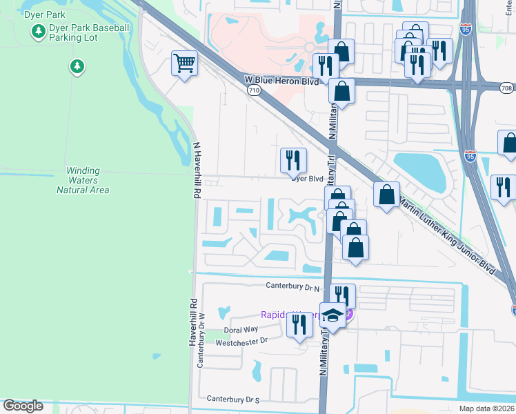 map of restaurants, bars, coffee shops, grocery stores, and more near 5505 Crossing Rocks Court in Riviera Beach