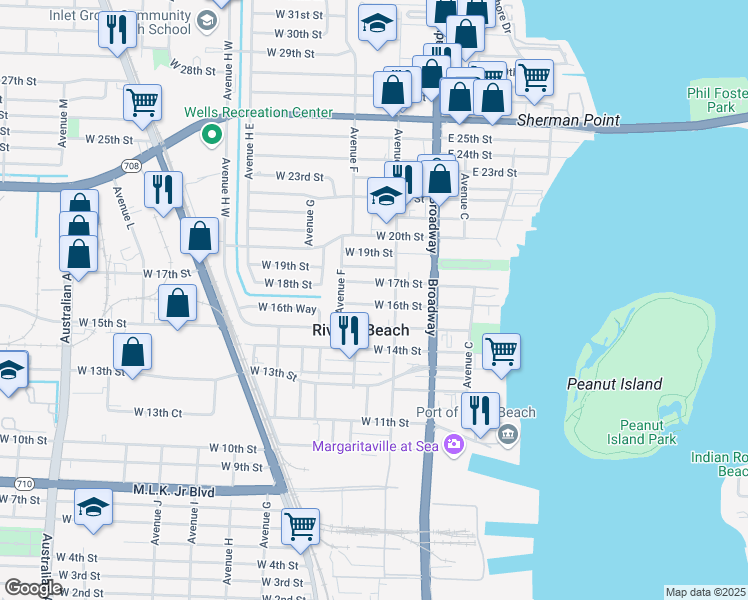 map of restaurants, bars, coffee shops, grocery stores, and more near 130 West 16th Street in Riviera Beach