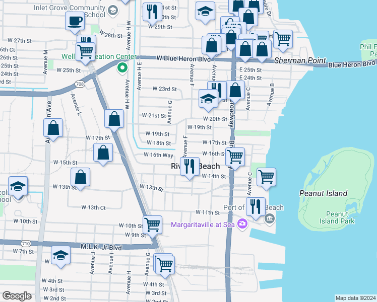 map of restaurants, bars, coffee shops, grocery stores, and more near 172 West 16th Street in West Palm Beach