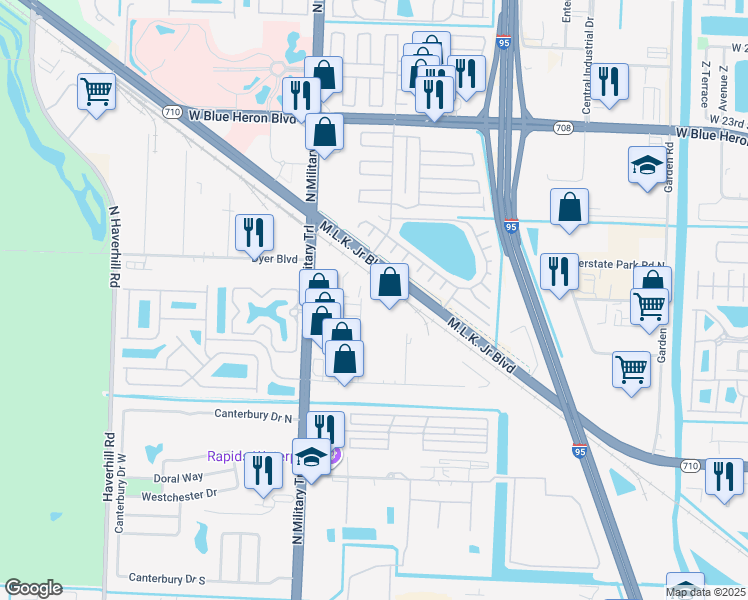map of restaurants, bars, coffee shops, grocery stores, and more near 6780 White Drive in Riviera Beach