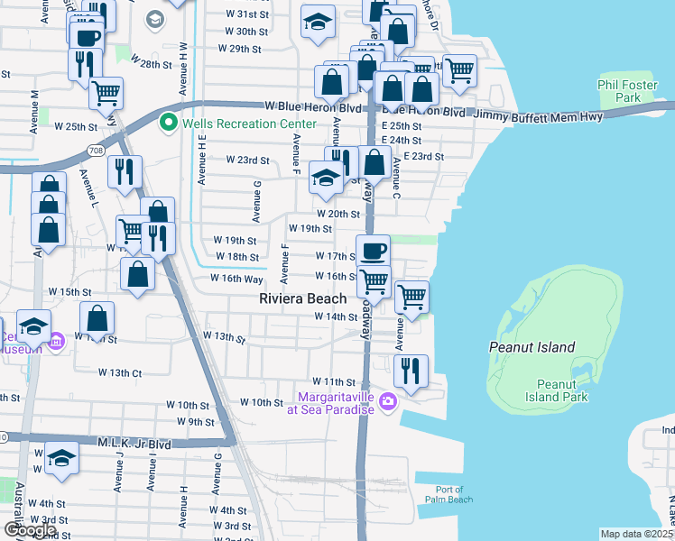 map of restaurants, bars, coffee shops, grocery stores, and more near 1550 Avenue C in Riviera Beach