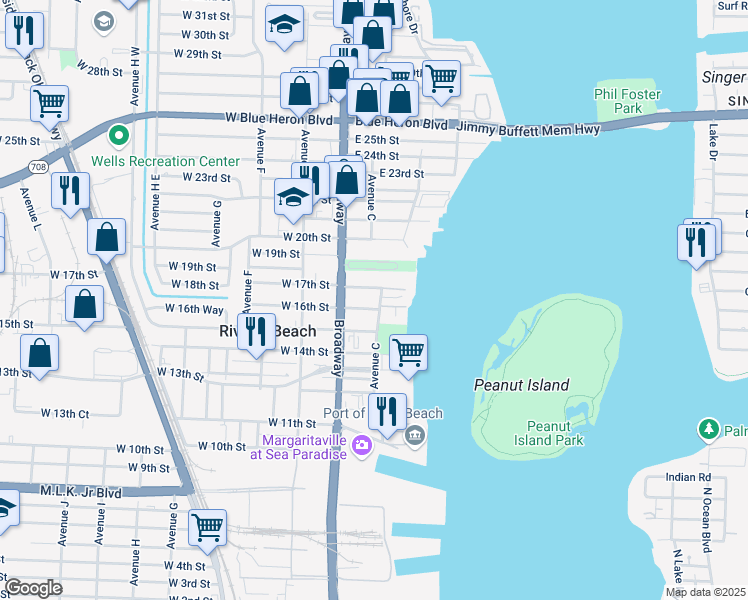 map of restaurants, bars, coffee shops, grocery stores, and more near 1619 Avenue C in West Palm Beach