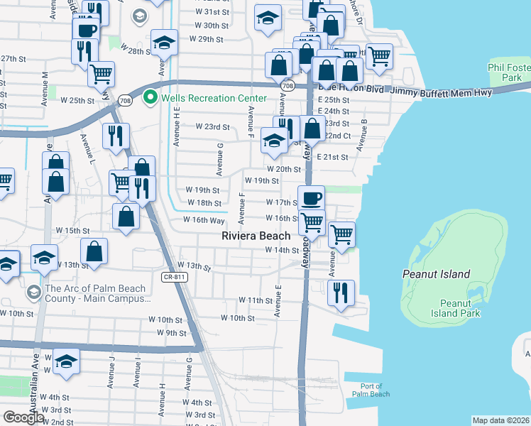 map of restaurants, bars, coffee shops, grocery stores, and more near 172 West 16th Street in West Palm Beach