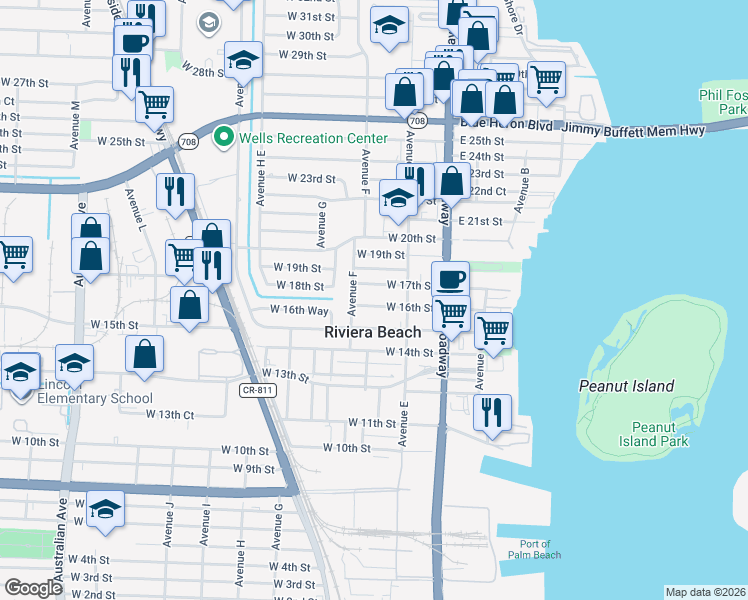 map of restaurants, bars, coffee shops, grocery stores, and more near 172 West 16th Street in West Palm Beach