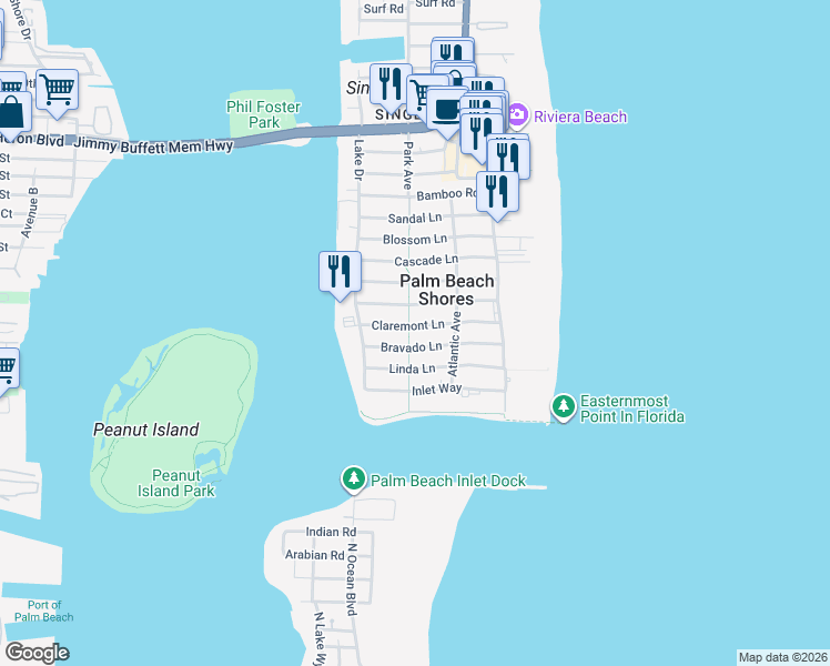 map of restaurants, bars, coffee shops, grocery stores, and more near 236 Claremont Lane in West Palm Beach