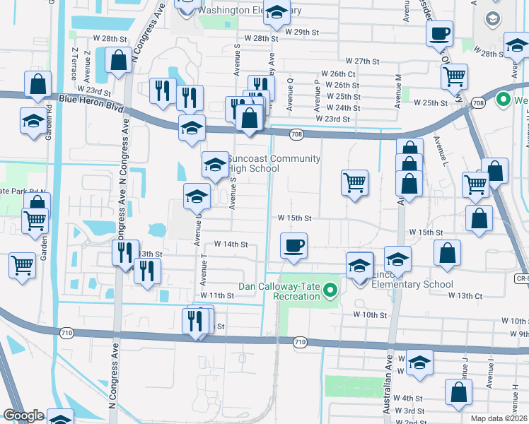 map of restaurants, bars, coffee shops, grocery stores, and more near 1504 West 16th Street in Riviera Beach